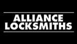 The logo for alliance locksmiths is white on a black background.