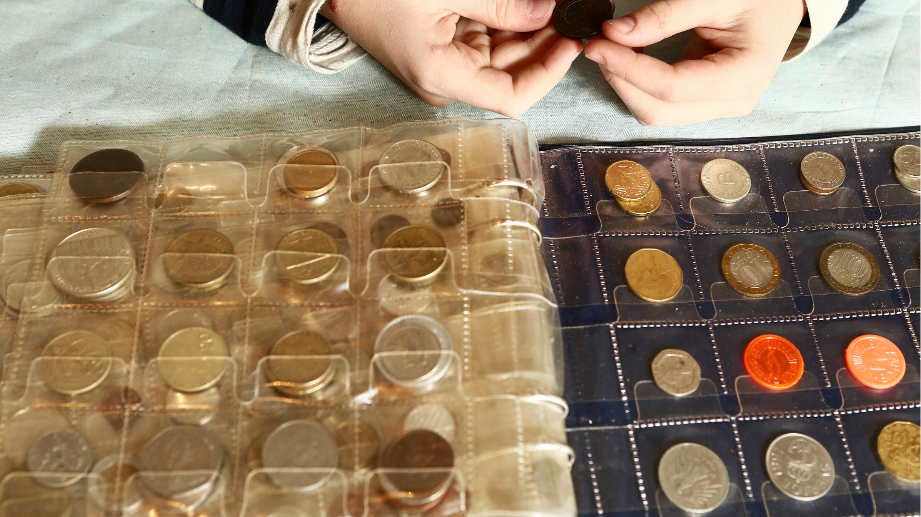 Hands organizing coins in plastic coin trays and a blue coin album on a table.