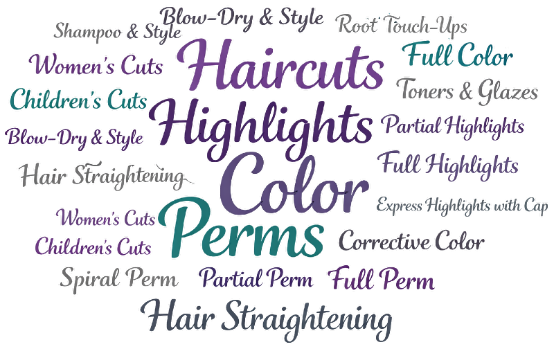 Hair services word cloud with Haircuts, Highlights, Color, Perms, and Hair Straightening