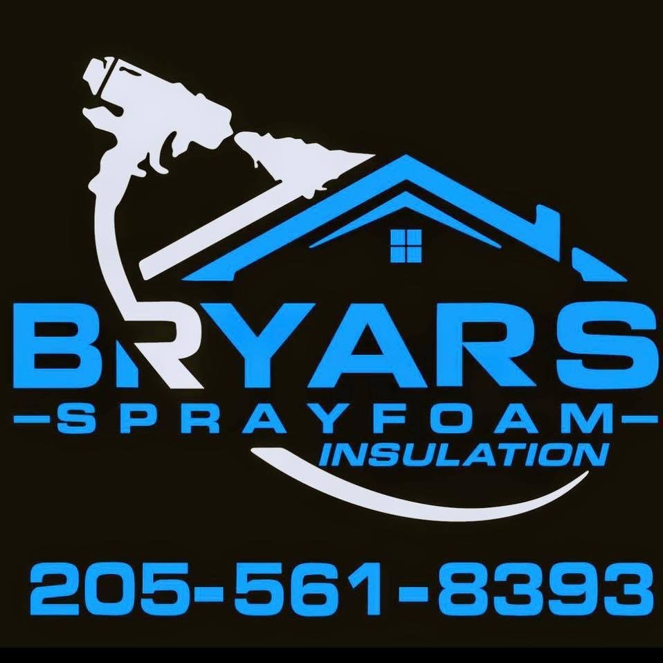 Blue and white logo for Bryars Sprayfoam Insulation with a house icon and phone number 205-561-8393 on a black background.