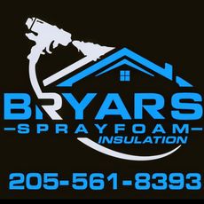 Blue and white logo for Bryars Sprayfoam Insulation with a house icon and phone number 205-561-8393 on a black background.