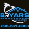 Blue and white logo for Bryars Sprayfoam Insulation with a house icon and phone number 205-561-8393 on a black background.