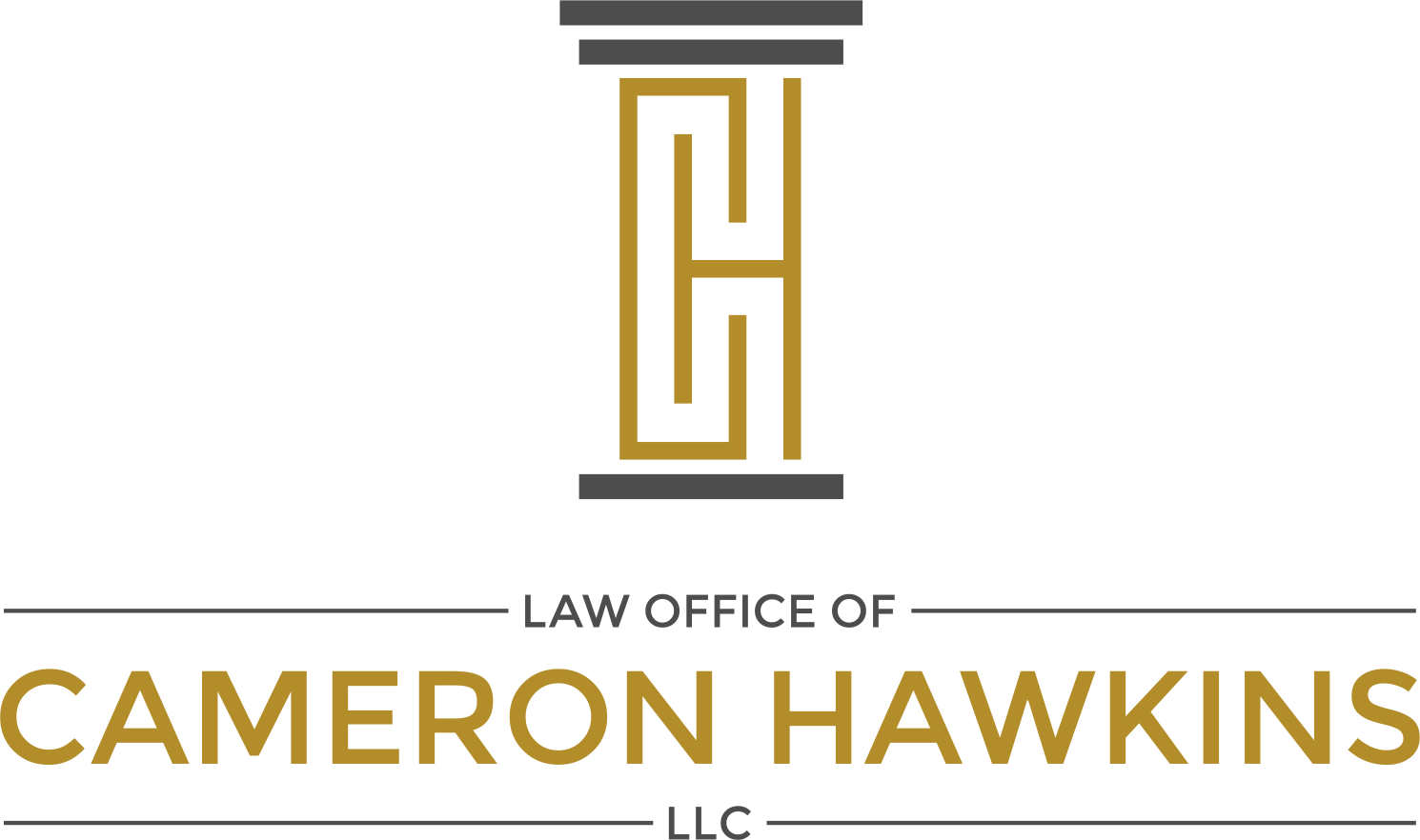 Logo for the Law Office of Cameron Hawkins LLC, featuring a gold and grey stylized pillar icon incorporating the initials CH.