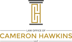Logo for the Law Office of Cameron Hawkins LLC, featuring a gold and grey stylized pillar icon incorporating the initials CH.
