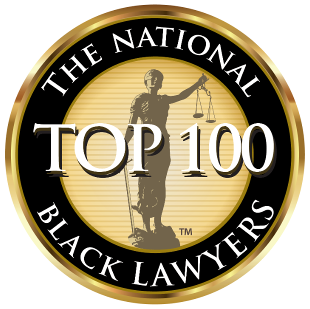 Gold-bordered logo for The National Top 100 Black Lawyers featuring a silhouette of Lady Justice on a tan background.