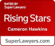 A red Super Lawyers Rising Stars badge for attorney Cameron Hawkins, linking to SuperLawyers.com.