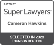 Super Lawyers badge for Cameron Hawkins, selected in 2023 by Thomson Reuters.