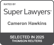 Super Lawyers badge featuring the name Cameron Hawkins, indicating selection in 2025 by Thomson Reuters.
