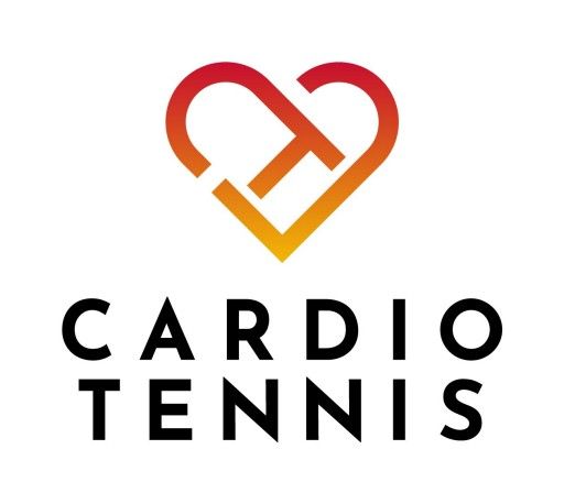 Red and orange heart-shaped tennis logo above the words “CARDIO TENNIS” in black