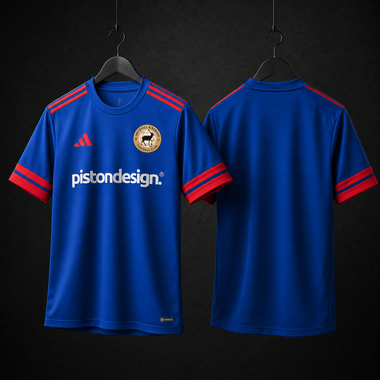 Blue Adidas-style soccer jersey with red accents shown front and back on hangers against a dark background