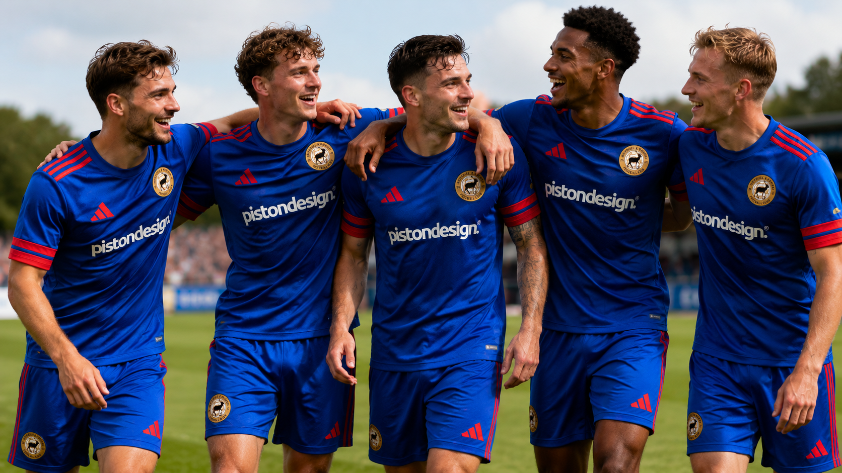 Five soccer players in blue kits smiling and walking together on the field