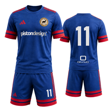 Blue soccer jersey and shorts set with red trim, front and back views, logo and number 11 on front.