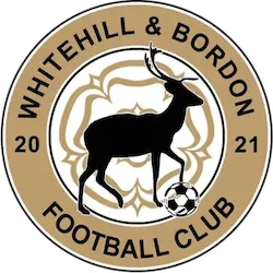 Whitehill & Bordon Football Club crest with black deer, tan border, and football ball; 2021 on the sides