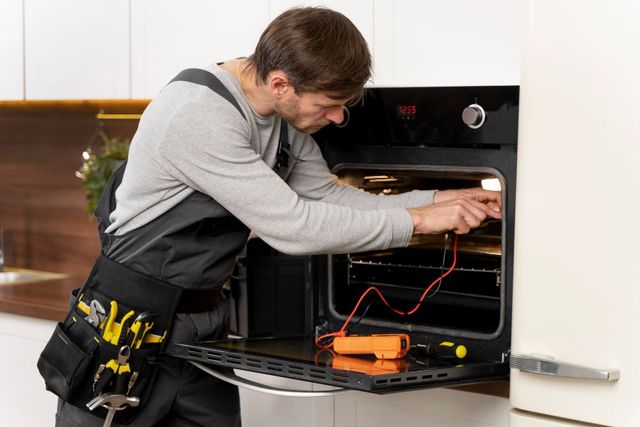 Technician repairing a built-in oven, leaning into the open appliance with tools and wiring visible