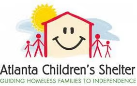 Atlanta Children’s Shelter logo with smiling house, sun, and stick figures, plus tagline “Guiding Homeless Families to Independence”