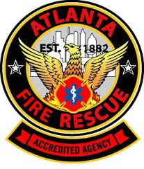 Atlanta Fire Rescue emblem with eagle, flames, and “Established 1882” text