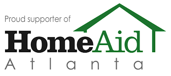 Proud supporter of HomeAid Atlanta logo with green roof icon and black-gray text