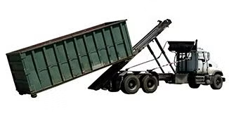 Green dump trailer being lifted by a black semi-truck on a white background
