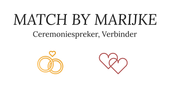 Logo van Match by Marijke met de tekst “Ceremoniespreker en verbinder” en symbolen van ringen en harten.