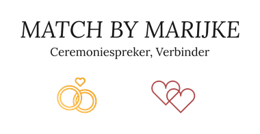 Logo van Match by Marijke met de tekst “Ceremoniespreker en verbinder” en illustraties van trouwringen en harten.