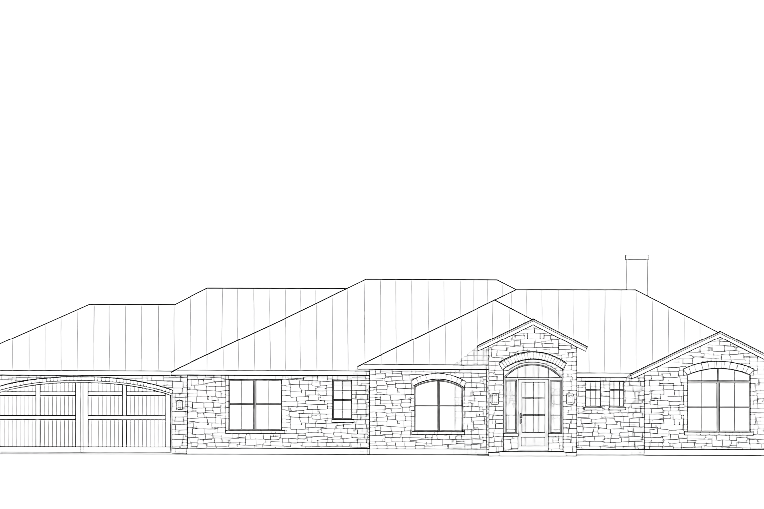 Black-and-white architectural elevation of a house with roof lines, stone facade, and garage doors