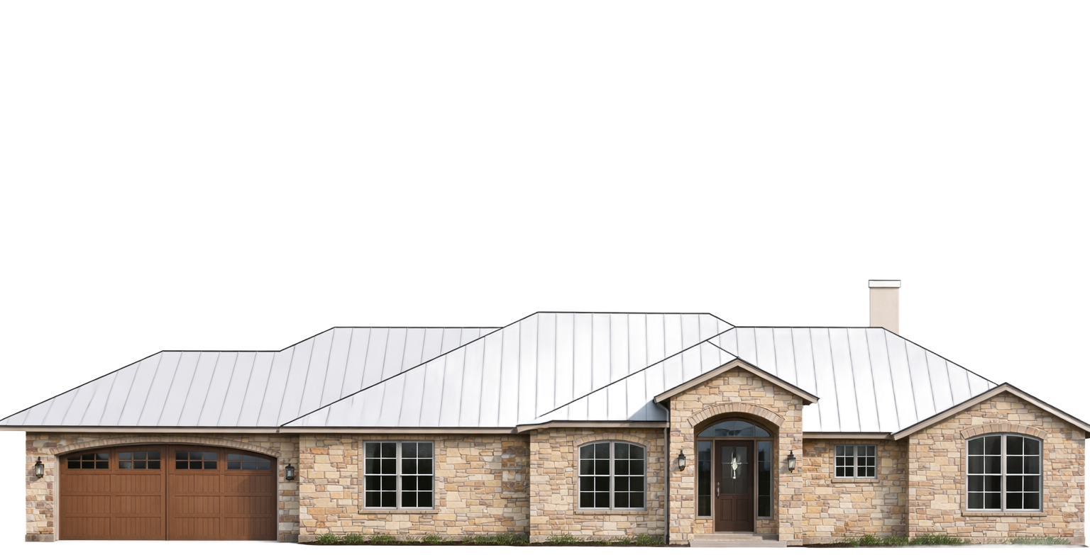 Single-story brick house with a gray roof, arched front entry, and double garage