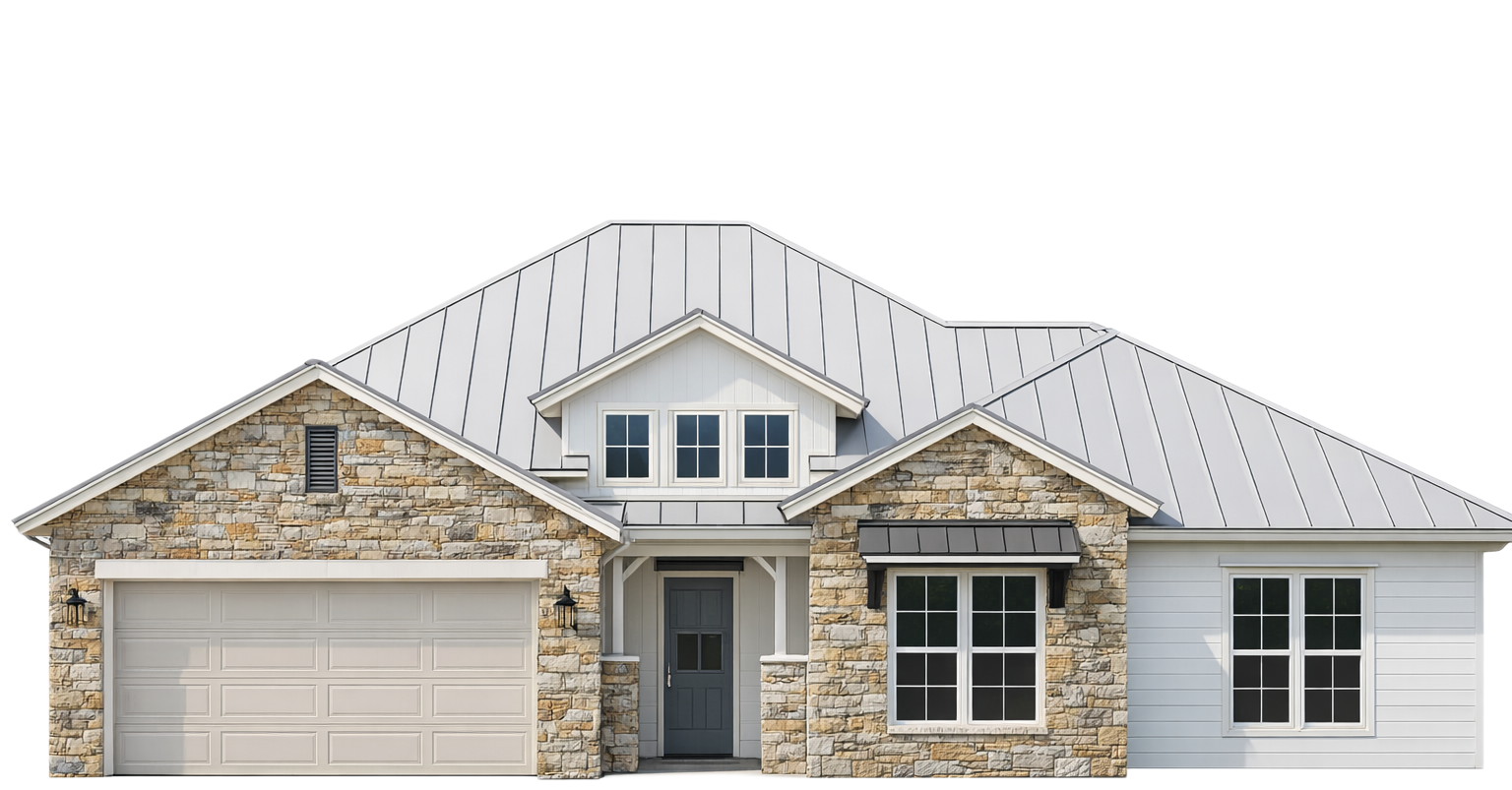 Modern stone-and-white suburban house with a two-car garage and gray roof