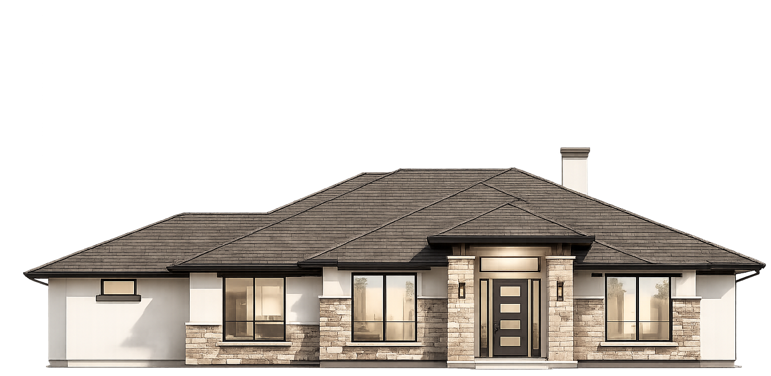 Single-story modern house exterior with stone facade, dark roof, and two-car garage