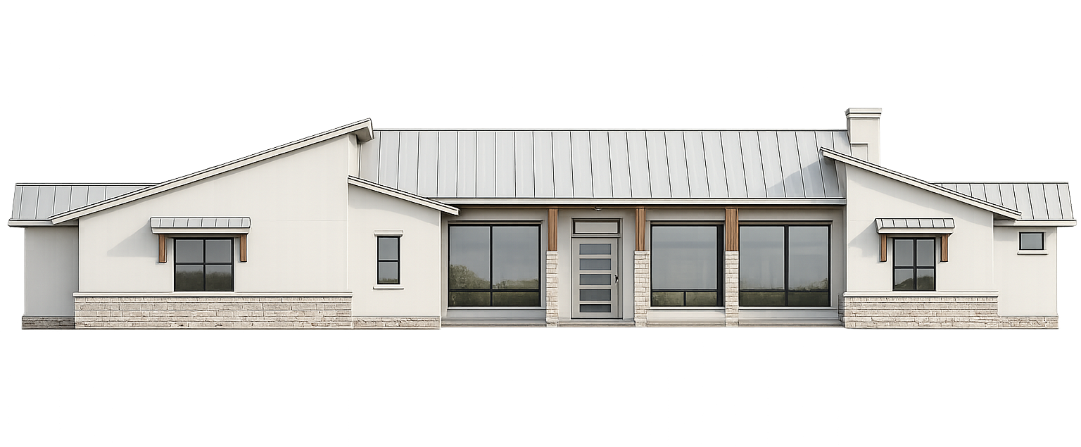 Modern single-story house exterior with light siding, stone accents, and a metal roof