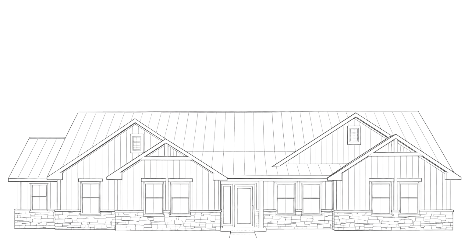 Line drawing of two connected suburban houses with gabled roofs and front porches