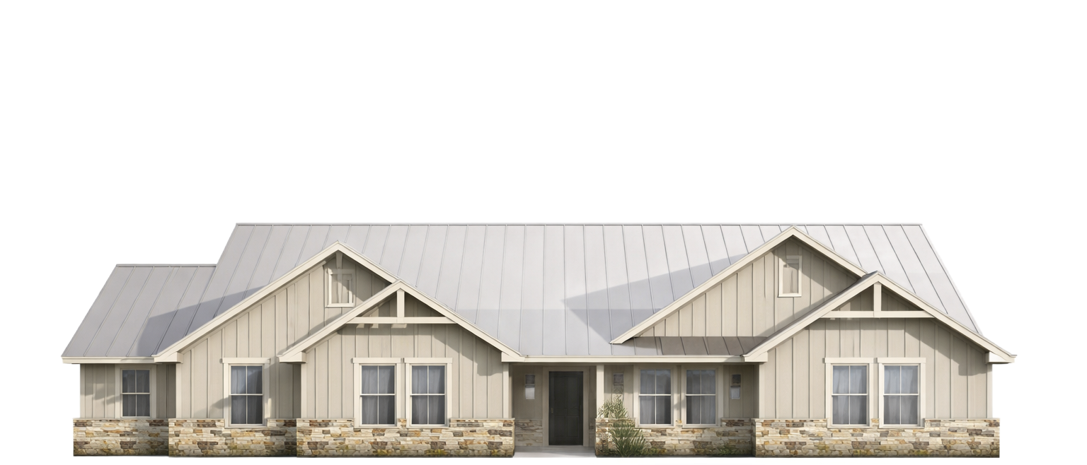 Single-story beige house with a light gray roof and stone accents