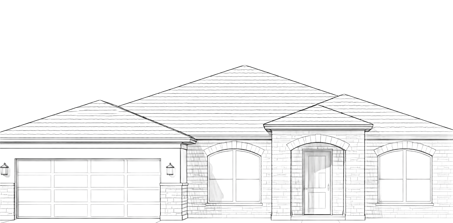 Black-and-white architectural drawing of a single-story house front elevation with garage and windows