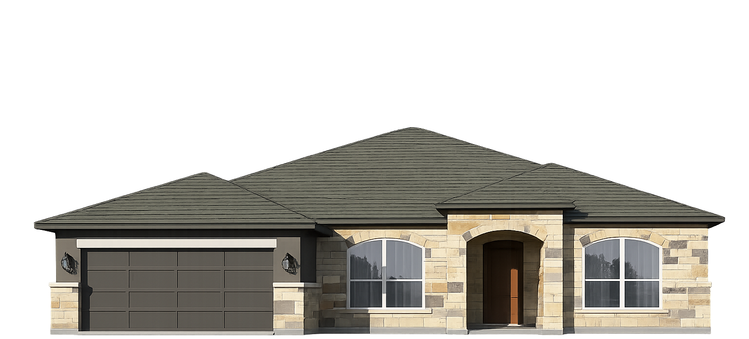 Single-story house with gray roof, stone exterior, and two-car garage