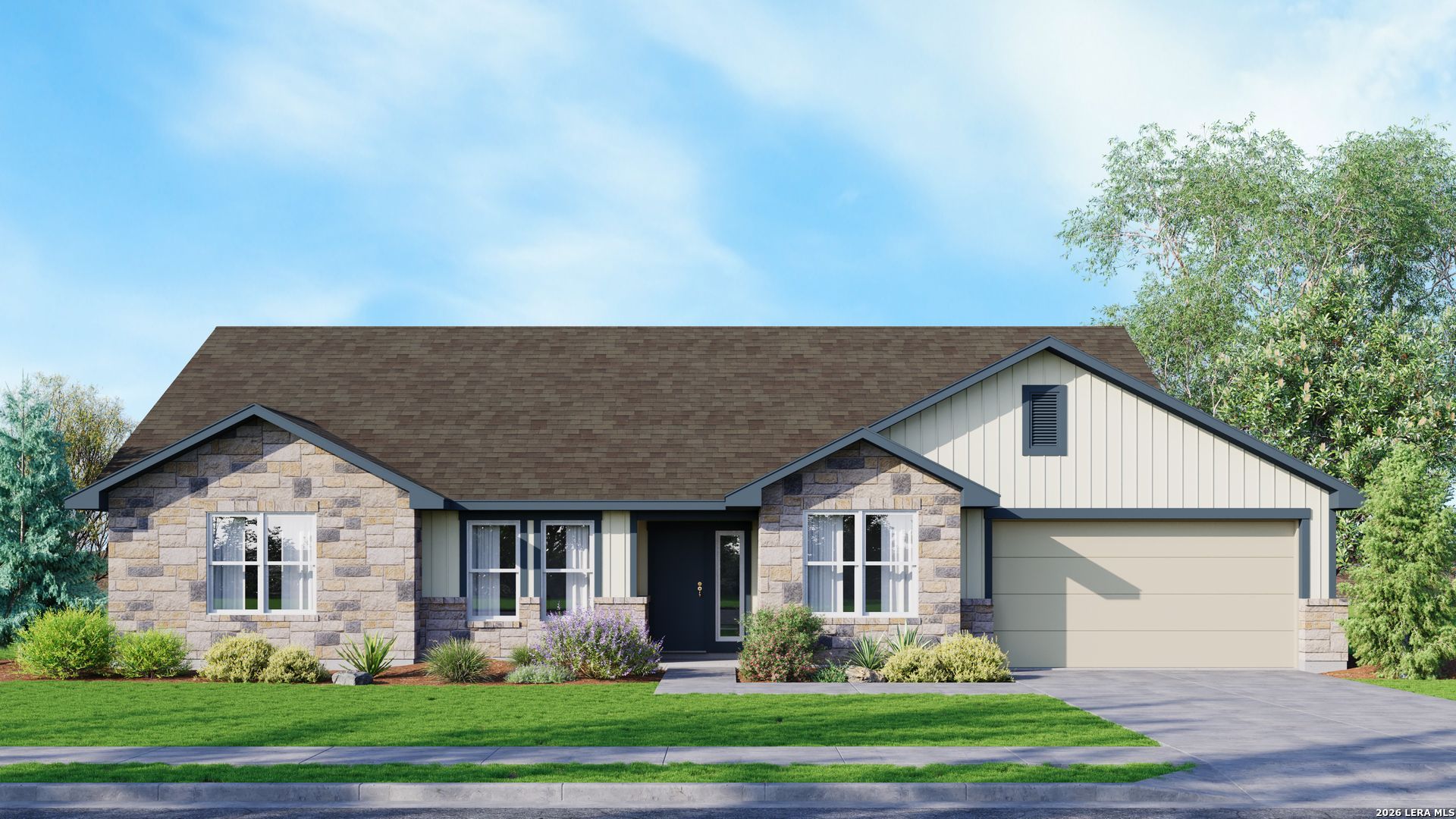 Single-story suburban house with stone facade, dark roof, garage, and landscaped front yard under a blue sky