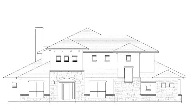 Line drawing of a large two-story house with front porch, windows, and side garage.
