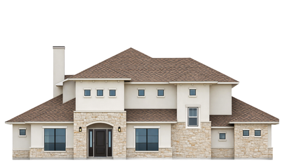 Large modern two-story beige house with stone facade, brown roof, and attached garage