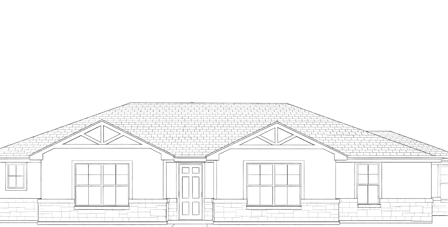 Black-and-white architectural elevation of a single-story house with a hipped roof and front porch.