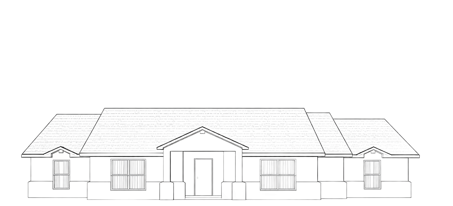 Pencil sketch of a single-story house with a front porch, windows, and a hipped roof