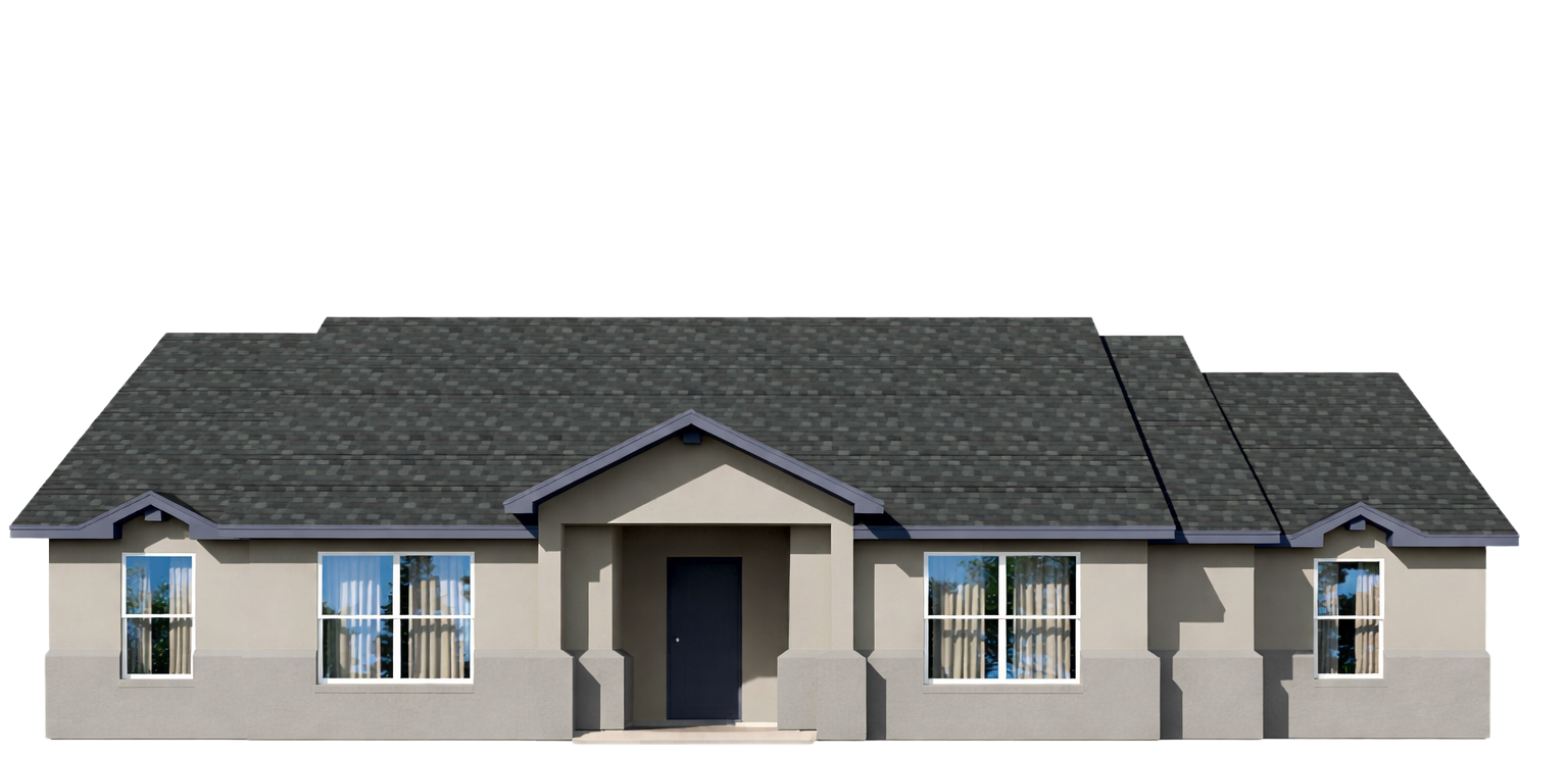 Single-story beige house with gray roof and covered front porch