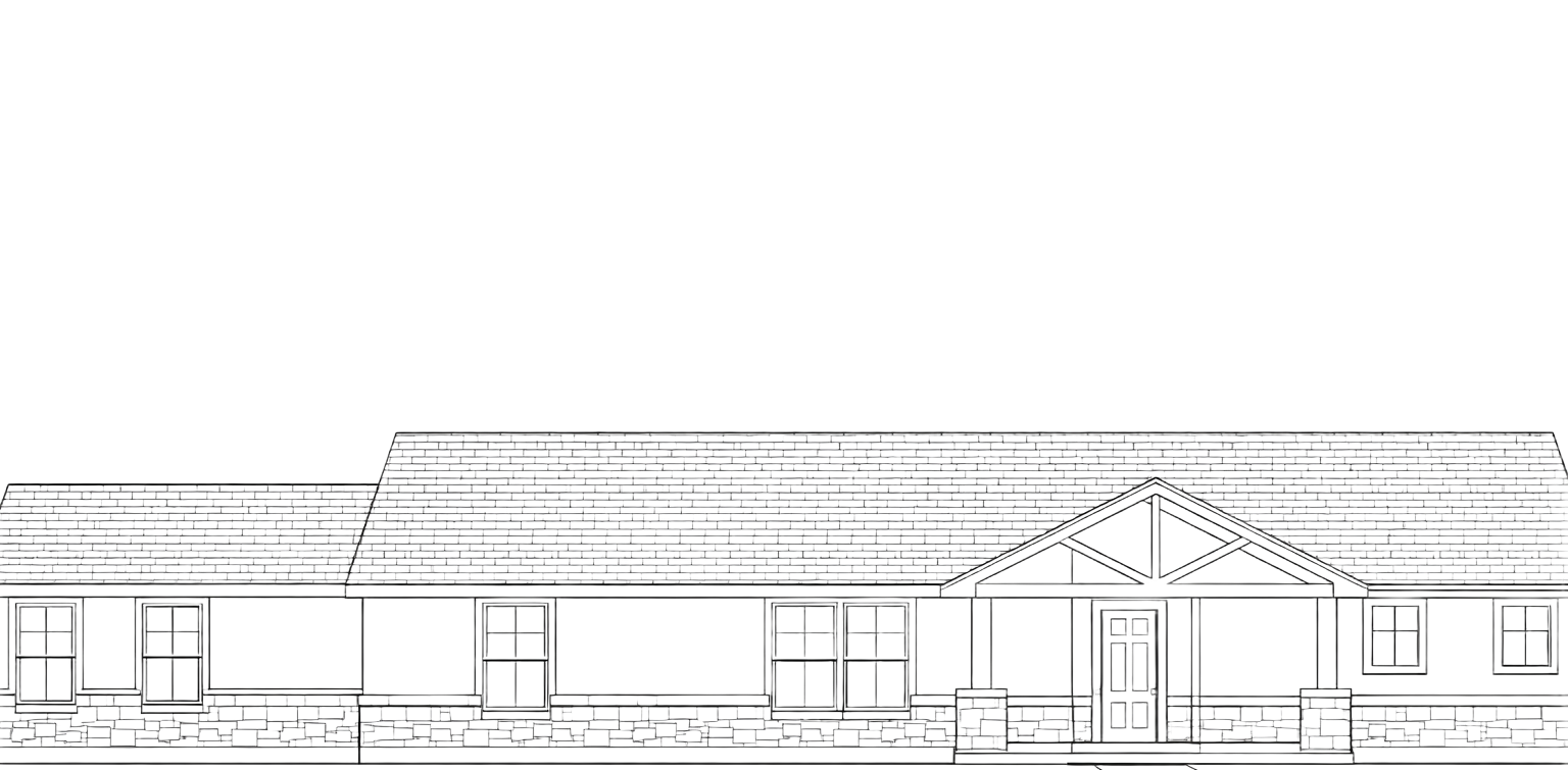 Black-and-white line drawing of a single-story house exterior with a central entrance and windows.