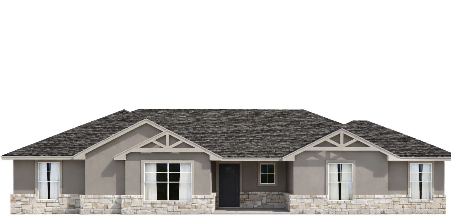 Single-story suburban house exterior with gray roof, beige stone facade, and front porch