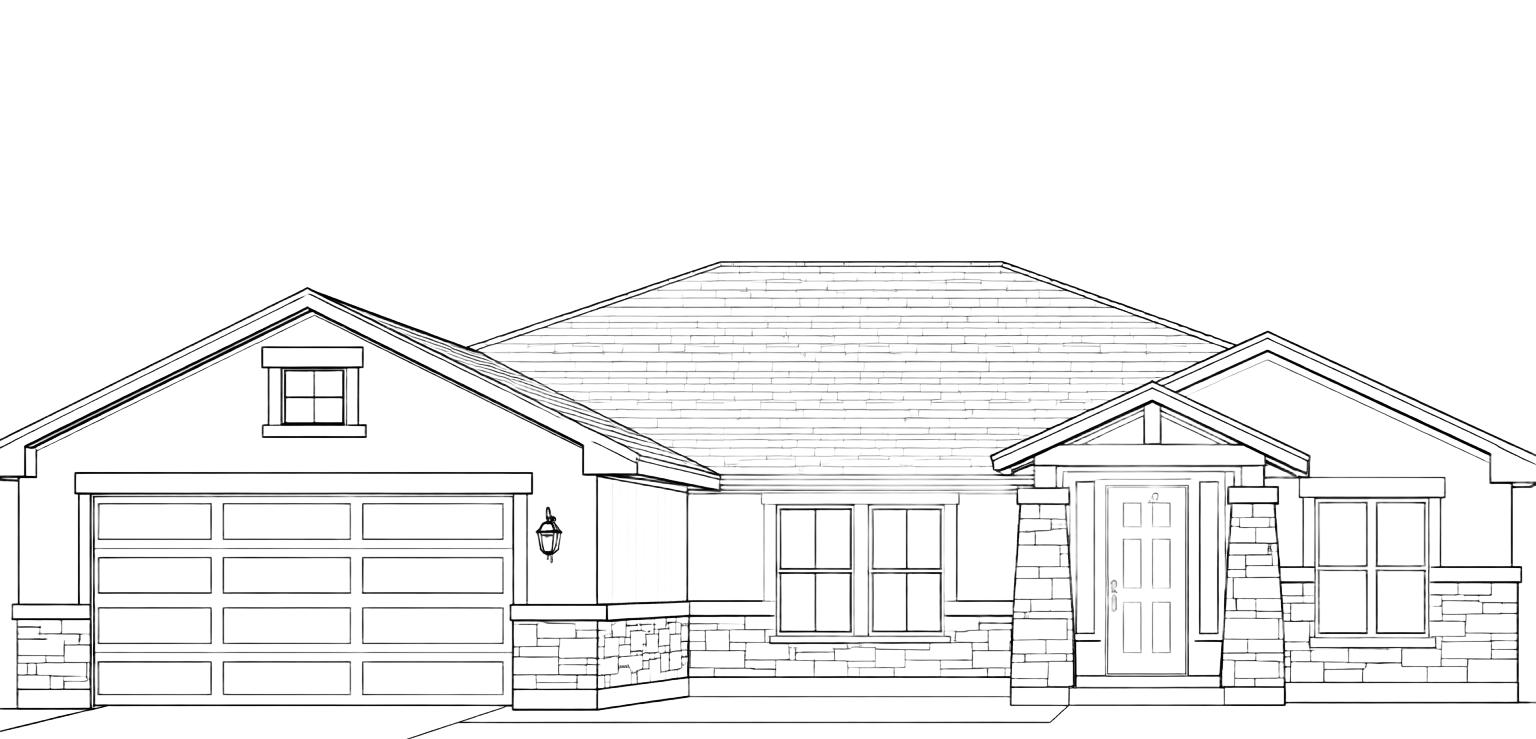 Black-and-white sketch of a single-story suburban house with garage and front porch