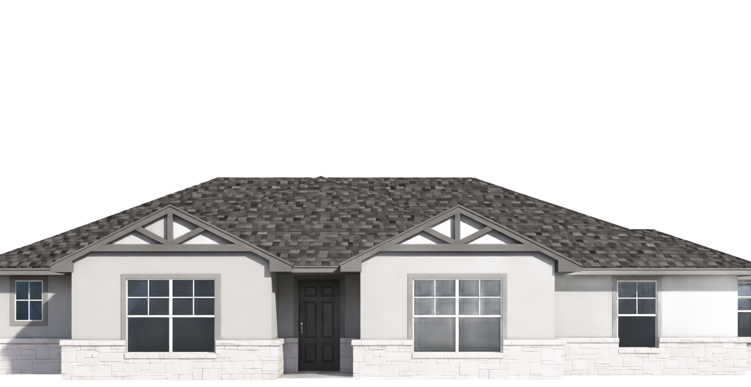 Single-story modern house exterior with gray roof, white walls, and two front windows.