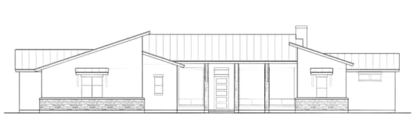 Architectural front elevation of a small single-story house with a central porch and sloped roof.
