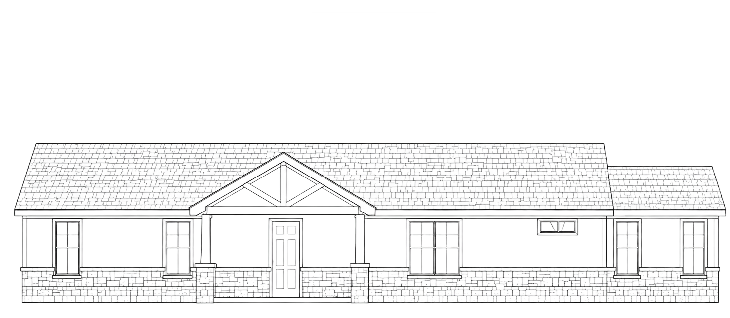 Front elevation drawing of a single-story house with a centered entry and broad roofline