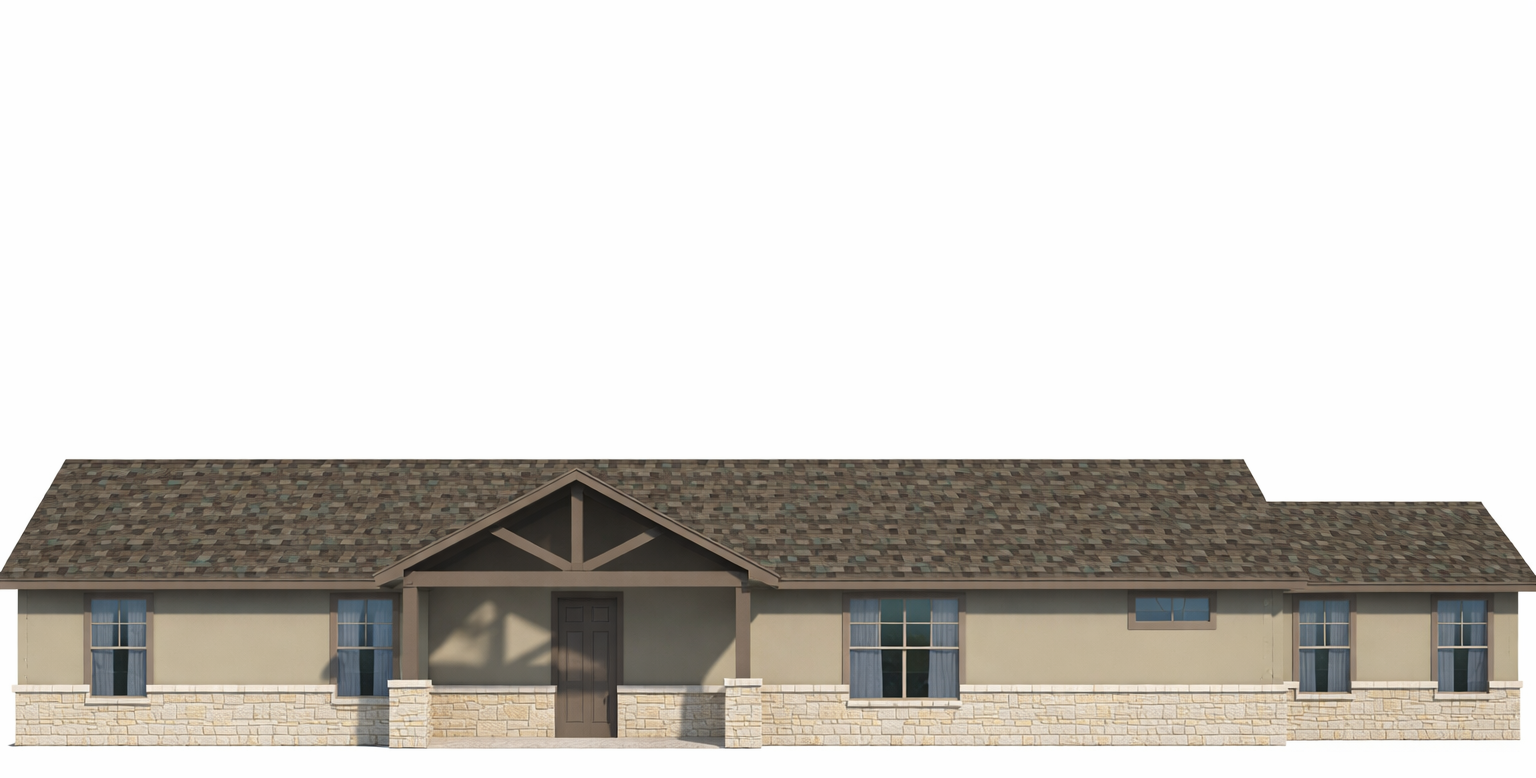 Front view of a single-story tan building with brown roof and central glass entrance.