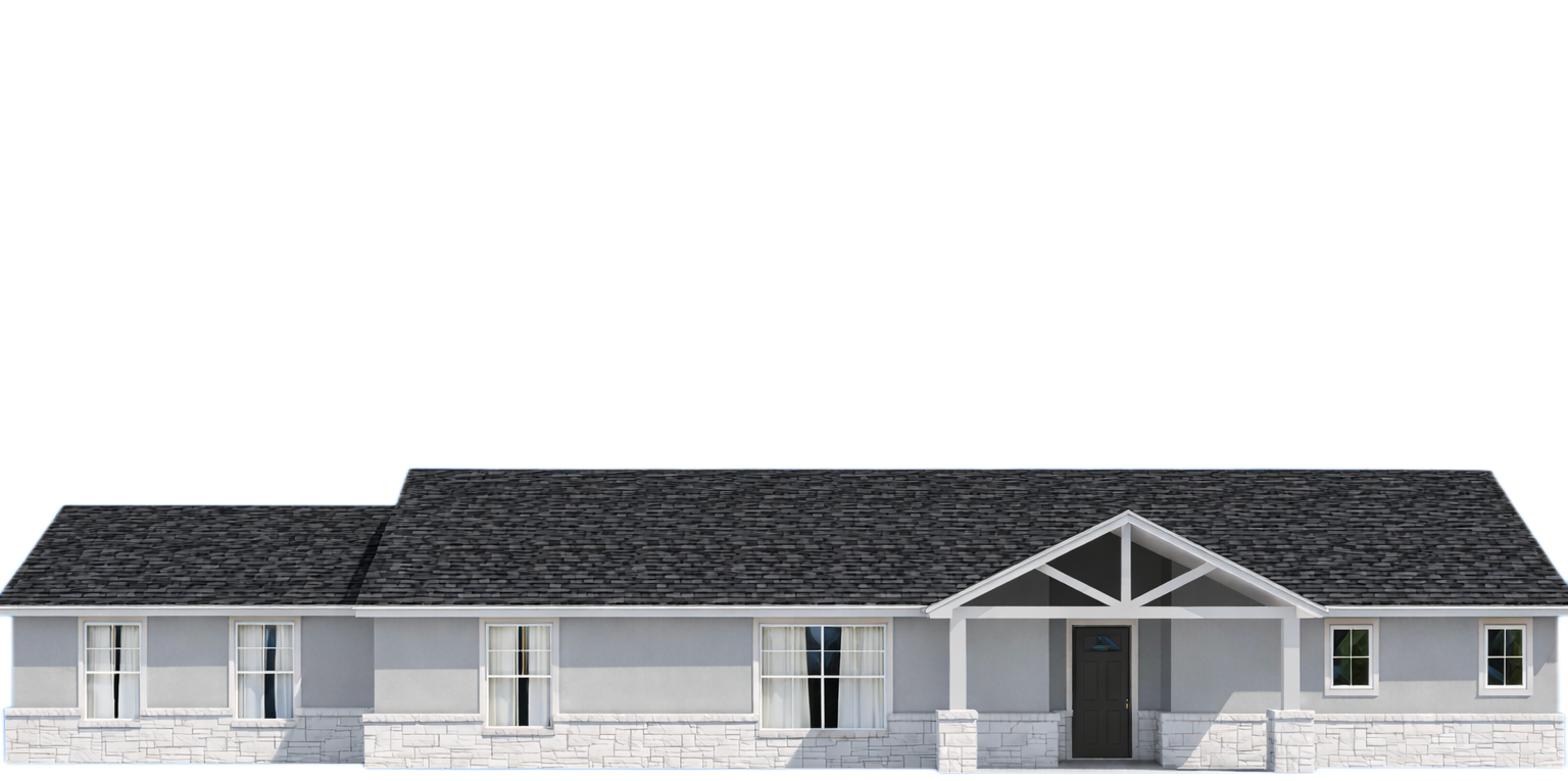 White single-story house exterior with gray roof and front porch