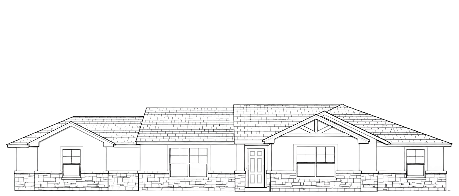 Architectural elevation of a single-story house with a central entrance and hipped roof.