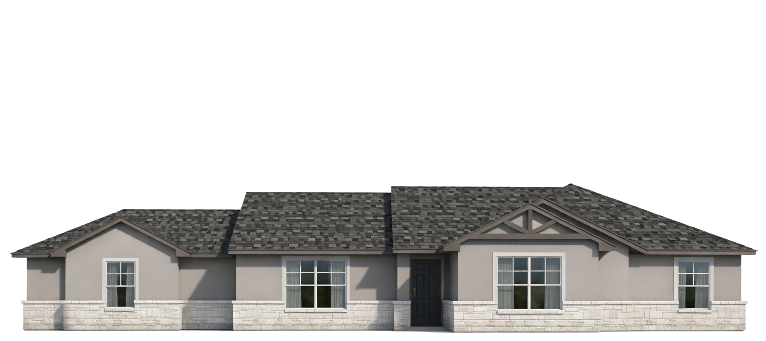 Single-story gray house exterior with a dark roof and front-facing windows