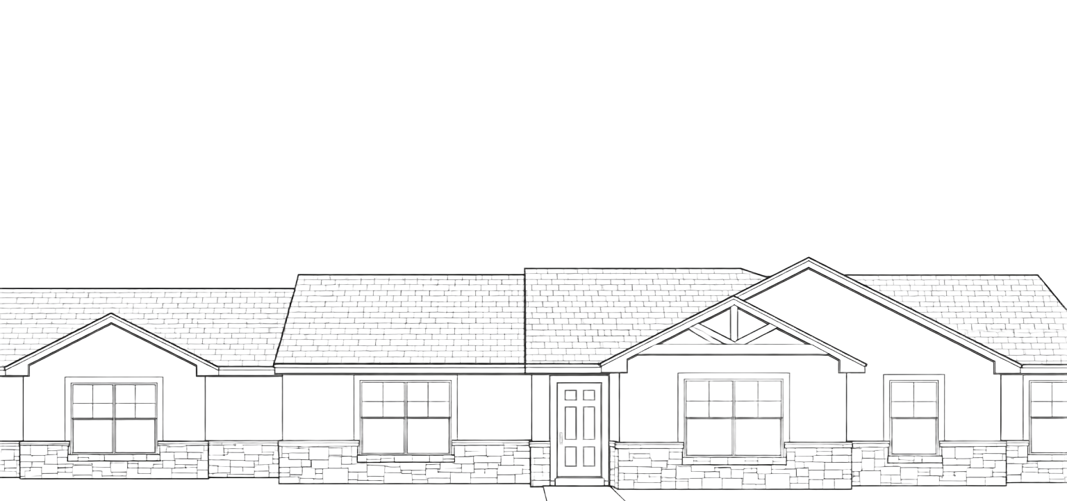 Black-and-white sketch of a single-story house front with windows, door, and roofline